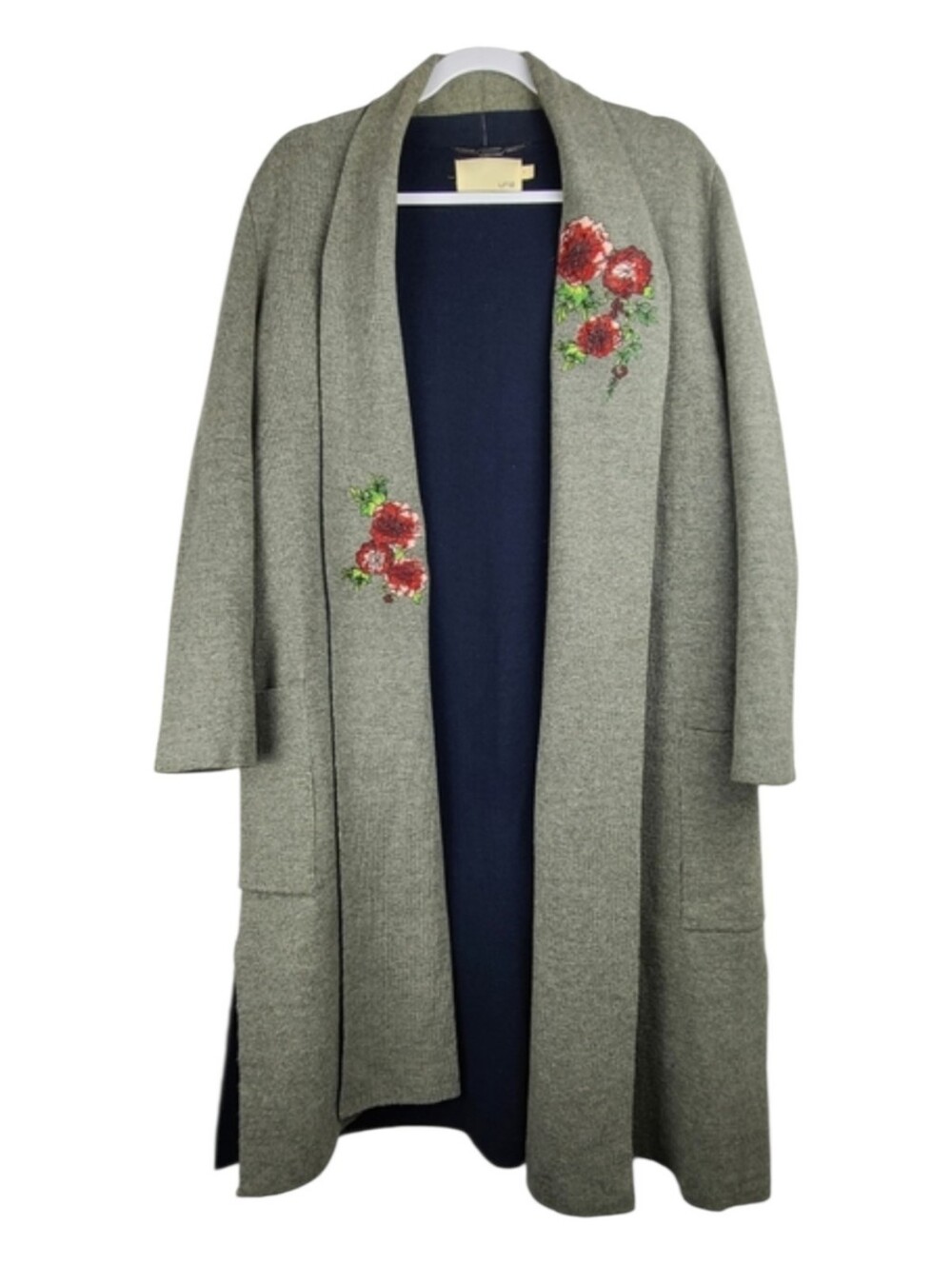 Uma gray blue long line relaxed fit open knit embroidered cardigan Sz 1 Boho